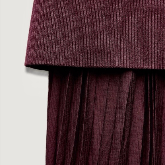 Zara NWT burgundy drop waist double layered underlay mixed pleated knit skirt - Picture 13 of 15